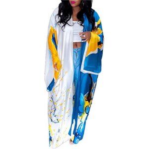 Women's Floral Print Satin Robe Kimono Cardigan Open Front Long Cover